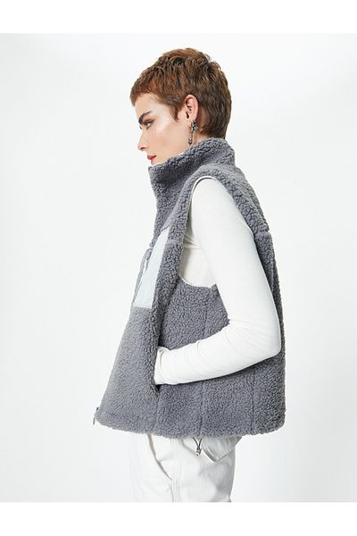Koton Plush Vest Lined Zippered Pocket Detailed Stand Collar Color Contrast