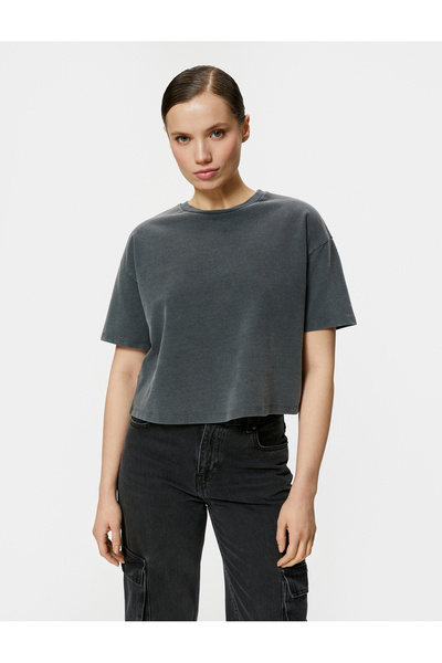 Koton Crop Tričko s krátkým rukávem Crew Neck Bled Effect Cotton