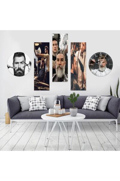 Genel Markalar Sakallı Adam Berber Temalı 5 Parçalı Dekoratif Duvar Tablo Saa...