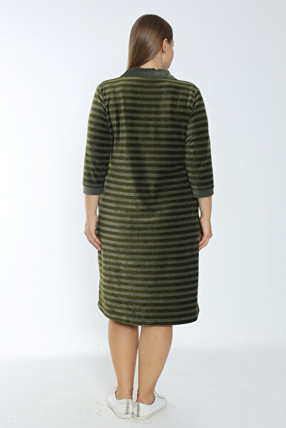 İntensive Green Three Quarter Sleeve Pocket Embroidery Women's Plus Size Cotton Velvet Dress