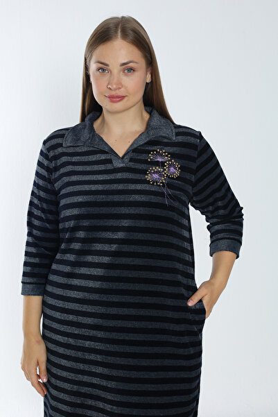 İntensive Γυναικείο μπλε ναυτικό φόρεμα με τρία τέταρτα μανίκια με τσέπες και λεπτομέρεια από βαμβακερό βελούδο