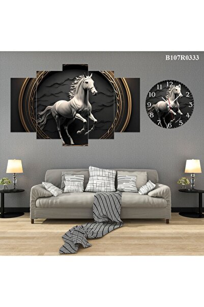 A2ZTR Parçalı Ahşap Duvar Tablo 5 Parça Set Ve saatli