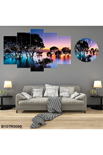 A2ZTR Parçalı Ahşap Duvar Tablo 5 Parça Set Ve Saatli