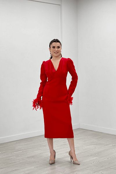 giyimmasalı Double Fabric V Neck Sleeves Feather Detail Pencil Evening Dress - Red