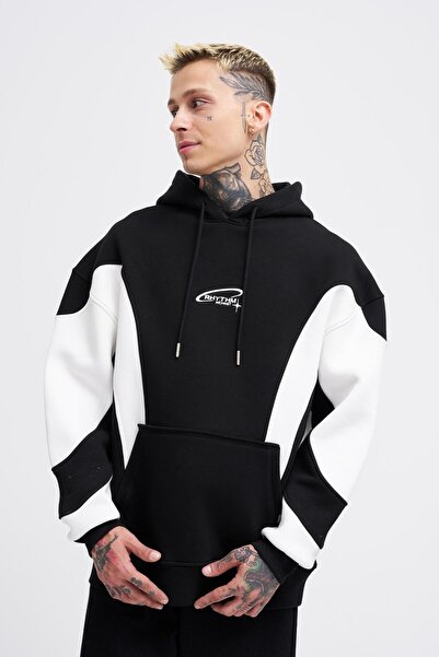 Machinist Men's Embroidered and Pieced Black Ecru Hoodie