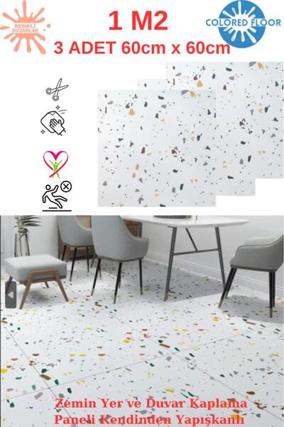 Renkli Duvarlar 1m2 3 Adet 60X60cm Floor Benekli Yapışkanlı Zemin ve Duvar Ka...