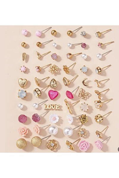 Sonic 30 Çift Zarif Çivi Küpe Pembe Inci Aşk Çiçek Yaprak Tasarımı Kadın Hediyesi