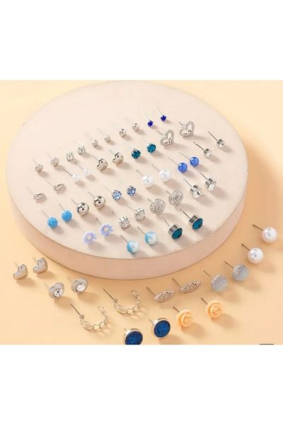 Sonic 30 Pairs Elegant Nails Earrings Blue Pearl Love Flower Leaf Design Women's Gift