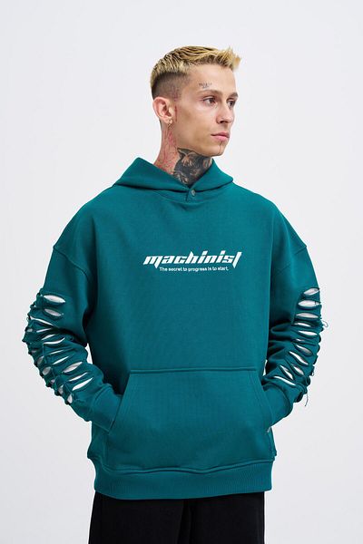 Machinist Ανδρικά μανίκια Ripped Effects Petrol Green Hoodie