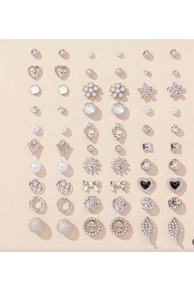 Sonic 30 Pairs of Elegant Nails Earrings Silver Color Pearl Love Flower Leaf Design Women's Gift