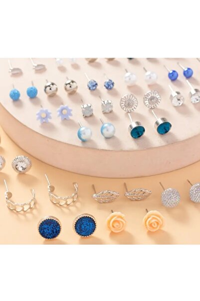 Sonic 30 Çift Zarif Çivi Küpe Mavi  İnci Aşk Çiçek Yaprak Tasarımı  Kadın Hediyesi