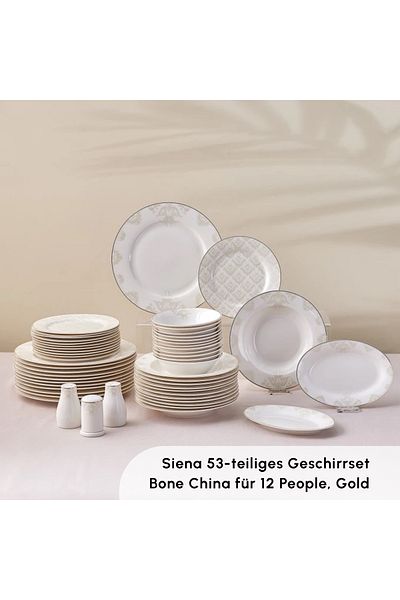 Karaca Elegance Bone Siena – 53-teiliges Esszimmerset für 12 Personen in Gold