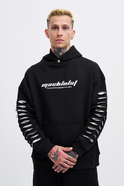 Machinist Чоловіча худі з ефектом рваних рукавів, чорна