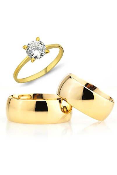 Takı Dükkanı Kişiye Özel İsim Yazılı Sarı 8mm Gümüş Alyans Çifti Söz Nişan Yüzüğü Ve Tektaş Yüzük Al80y