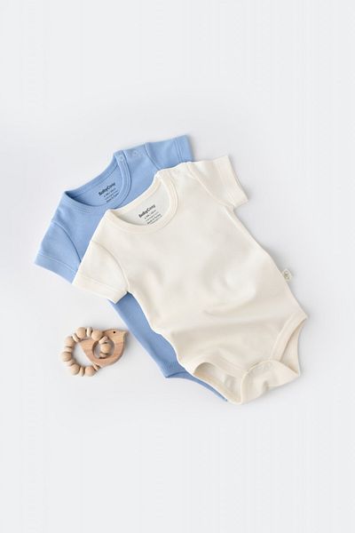 BabyCosy Set 2 body-uri bebe unisex -100% bumbac organic - Ecru/Bleu, BabyCosy