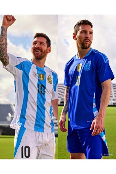 Alaturka Mix Arjantin 2024/25 Lionel Messi Çubuklu & Deplasman Forması (BEYAZ/MAVİ) 2 Li Set