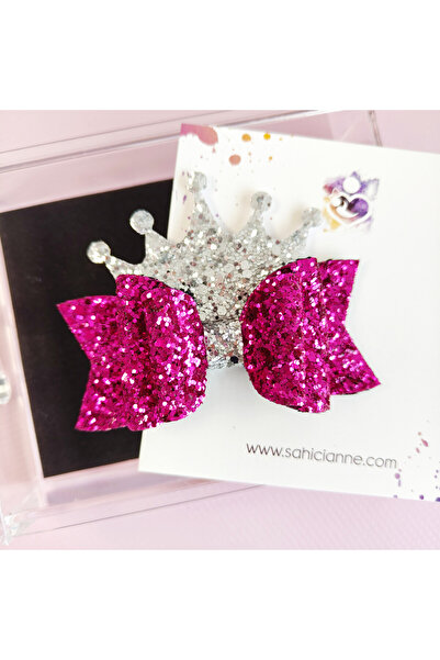 Sahici Anne Fuşya-Gümüş Glittery Taçlı Fiyonk Klipsli Toka, 10cm