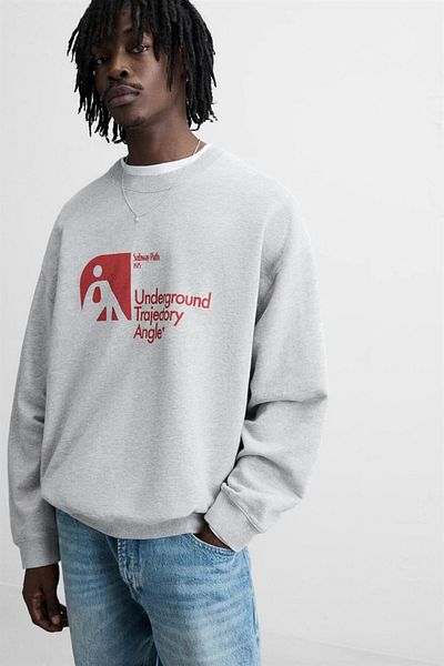 The Champ Clothing Γκρι Melange Underground Trajectory Angle Written Crew Neck Oversize φούτερ