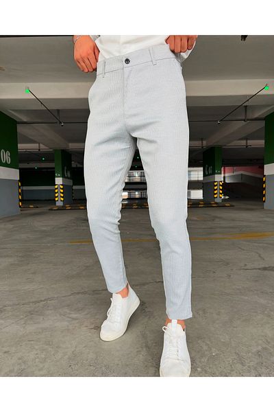 moda biz Ανδρικό γκρι ριγέ μοτίβο δικαστηρίου Slimfit ελαστικό ύφασμα Lycra ποιότητας μέχρι τον αστράγαλο