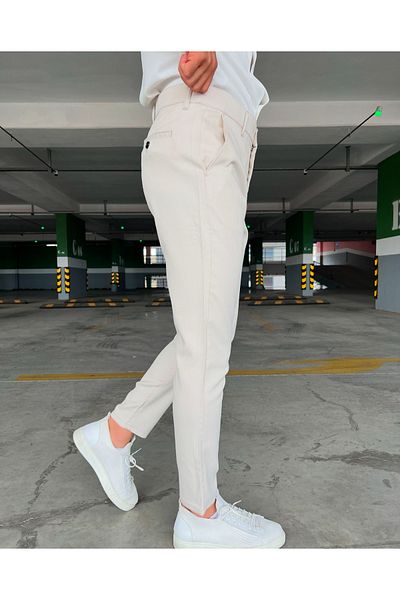 moda biz Ανδρικό υφασμάτινο παντελόνι με κρέμα με ριγέ μοτίβο Slimfit Flexible Lycra, ποιοτικό ύφασμα μέχρι τον αστράγαλο