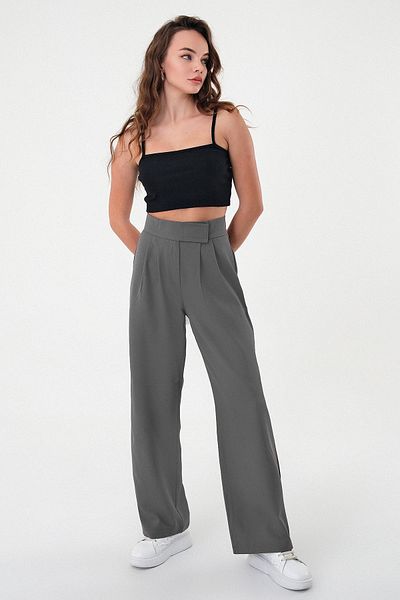 Hazel Women's Anthracite High Waist Velcro Palazzo Trousers.