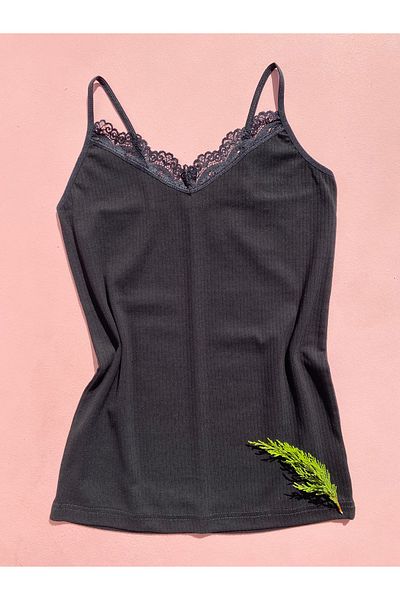 LEYNA BUTİK Women's 4-Piece Rope Strap Cotton, Lycra, Lace, Ribbed Undershirt (2 Black - 2 Skin)