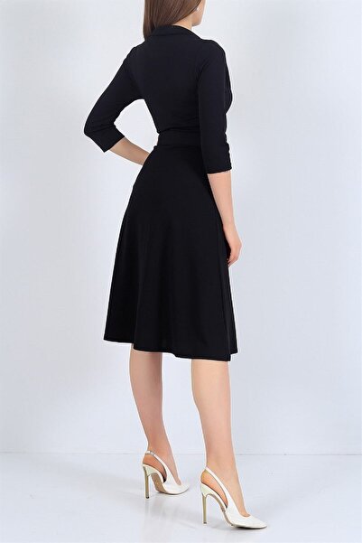 bayansepeti Esnek Kumaş Kruvaze Ceket Yaka Cepli Kemer Hediyeli Siyah Abiye Elbise Siyah Mezuniyet Elbisesi 020