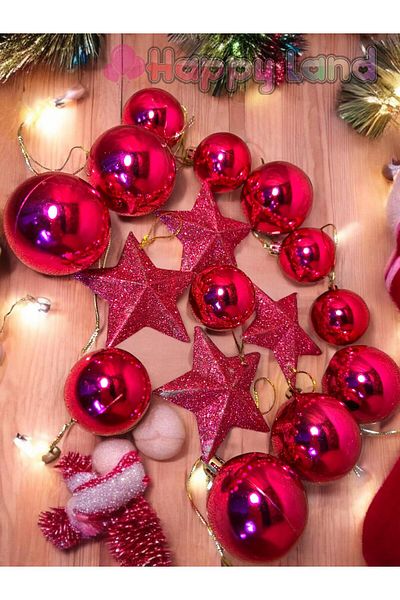 Happyland Fuchsia Star Christmas Tree Set - 6Pcs6Cm and 4Pcs Fuchsia Balls and Stars