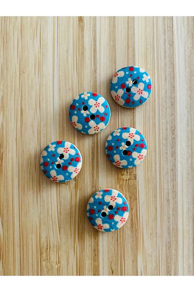 Kartopu Patterned Natural Wood Button 15 Mm. Pack of 5. Turquoise.