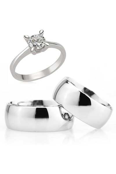 Takı Dükkanı Kişiye Özel İsim Yazılı 8mm Geniş Gümüş Alyans Çifti Söz Nişan Yüzüğü Ve Tektaş Yüzük Wr21y