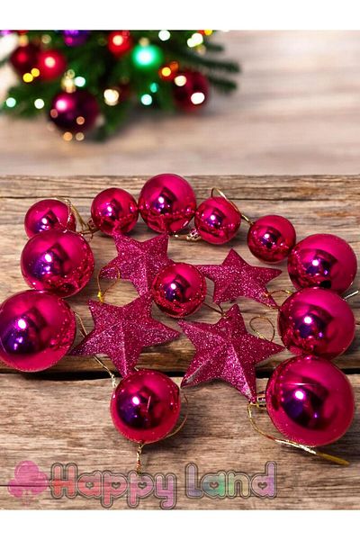 Happyland Fuchsia Star Christmas Tree Set - 6Pcs6Cm and 4Pcs Fuchsia Balls and Stars
