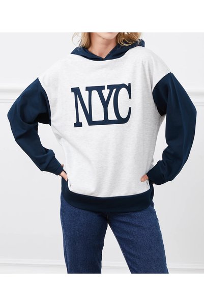 Tex Republic Kadın Baskılı Kapüşonlu Nyc Baskılı Oversize Üç İplik Sweat