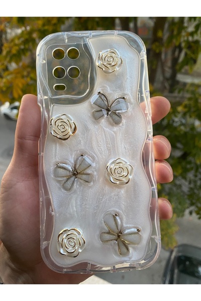 AQUA AKSESUAR Oppo A54 Uyumlu Kılıf 5D Kabartmalı Kelebek Çiçek Desenli Kenarları Şeffaf Simli Kapak