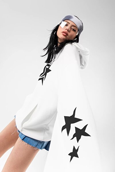 Sekizbiraltı 816 Stars Printed Unisex White Oversize Hoodie