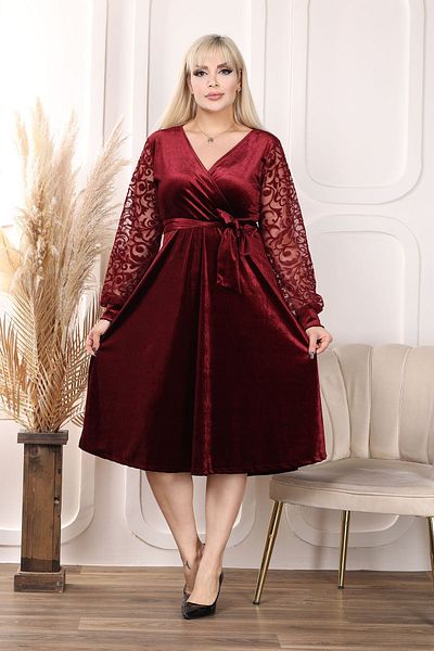 sharin Rochie de damă, mărime mare, burgundă, cu guler dublu, din catifea midi 12A-2302