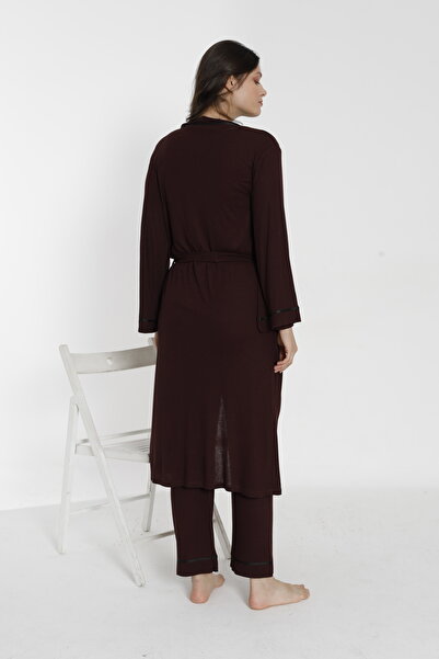 Miss Dünya Lissa Kahverengi Önden Düğmeli Uzun Sabahlıklı Hamile ve Lohusa Pijama Takımı