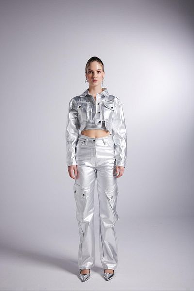 HOLLY LOLLY Foil Coated Crop Millen Jacket Gray