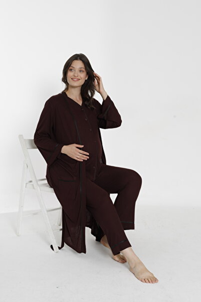 Miss Dünya Lissa Kahverengi Önden Düğmeli Uzun Sabahlıklı Hamile ve Lohusa Pijama Takımı