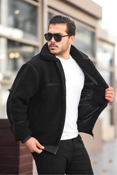 Valiberta Lined Stripe Detailed Plush Coat - Black
