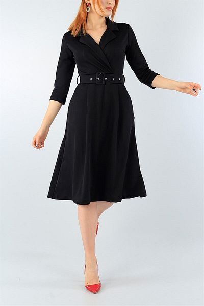 lovebox Flexible Fabric - Black Evening Dress with Pockets and Belt Gift - Hy-020