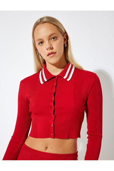 Koton Polo Collar Ribbed Buttoned Textured Slim Fit Cardigan