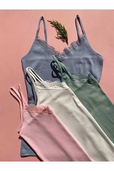 LEYNA BUTİK Lace 4-Piece Rope Strap Cotton Ribbed Lycra Pink, Ecru, Green and Blue Women's Undershirt
