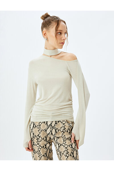 Koton Long Sleeve Asymmetrical Neck Tie Detail Slim Fit T-Shirt