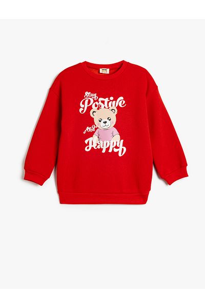 Koton Teddy Bear Printed Long Sleeve Raster Sweatshirt - Crew Neck