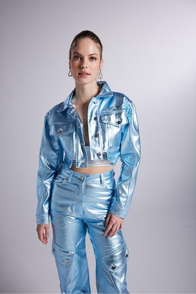 HOLLY LOLLY Foil Coated Crop Millen Jacket Blue