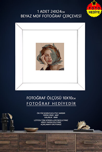bymat 1 Adet 24x24 cm Beyaz Fotoğraf Çerçevesi - 10x10 Foto Hediye - Mdf Çerç...