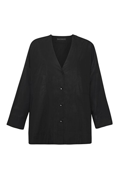 Beauty Omelette Siyah V Yaka Oversize Koton Gömlek