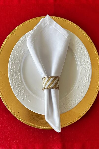 FANTASTIC Set of 6 Woven Napkin Rings - White-Gold Glittery Fringed Handmade Napkin Rings
