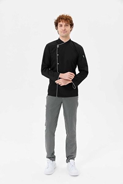 MyChef Şef Ceketi Siyah Gabardin Biyeli Rana Yaka Erkek Aşçı Kıyafeti