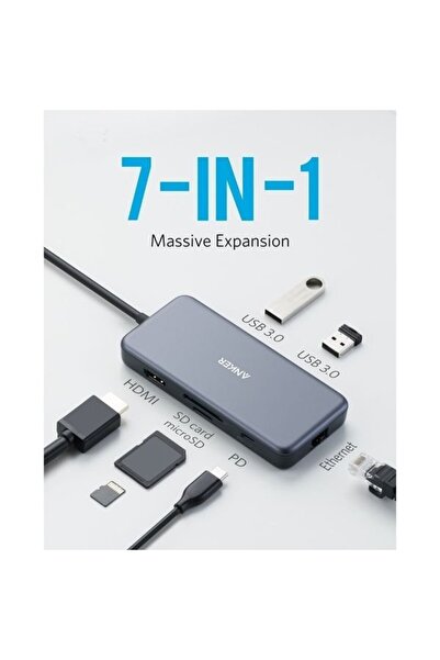 Anker محول محوري ممتاز | 7 منافذ متعددة في 1 | A8352HA1-A | اللون الرمادي